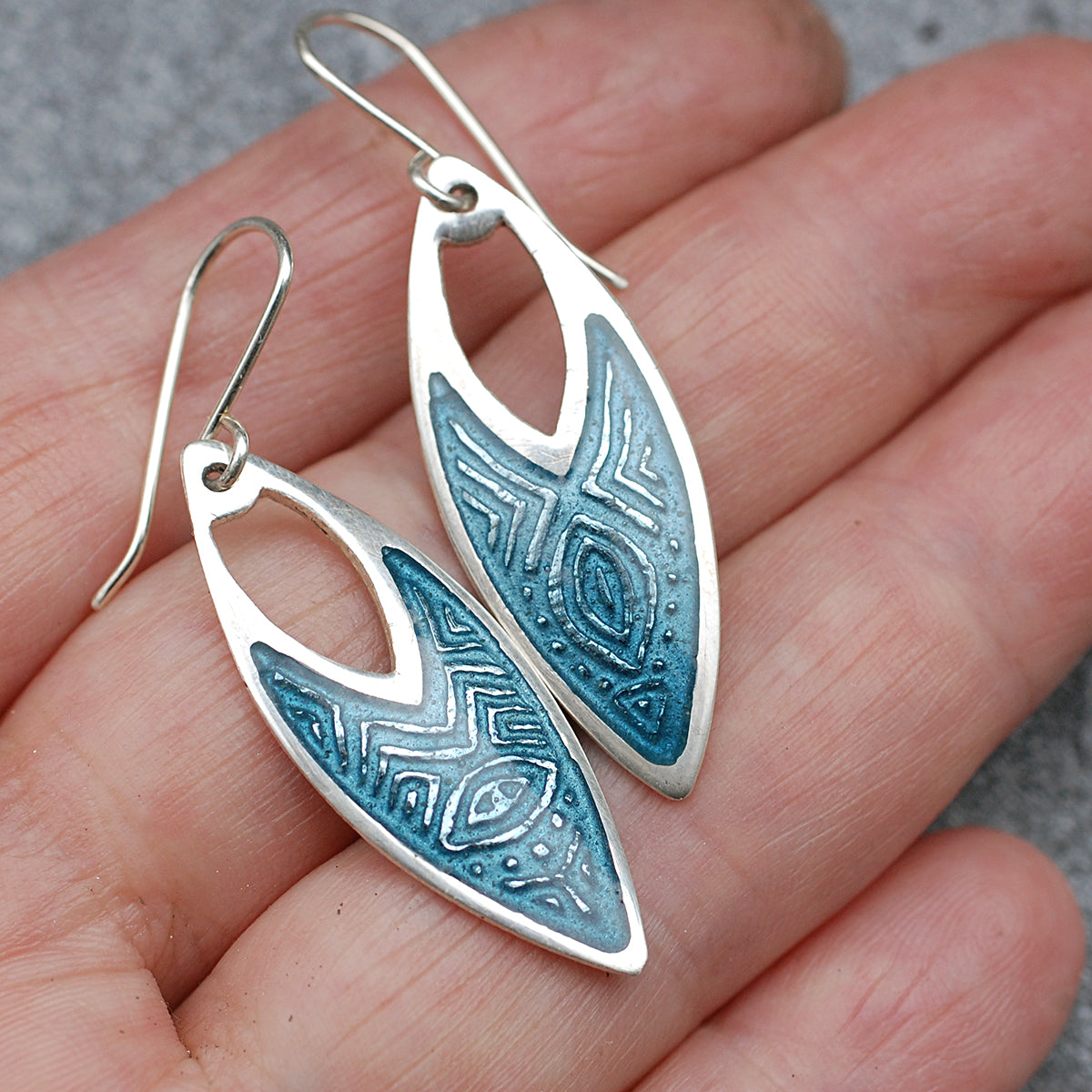 Grey Blue Navette Shaped Enamel Earrings
