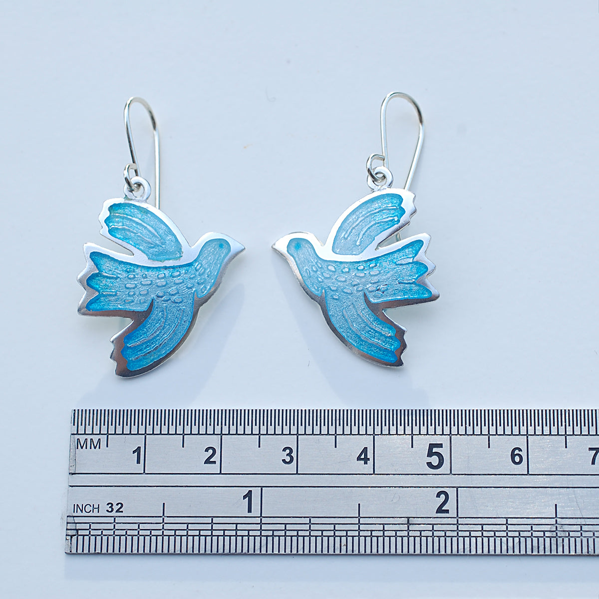 Pale Blue Enamel Bird Earrings with Etched Details