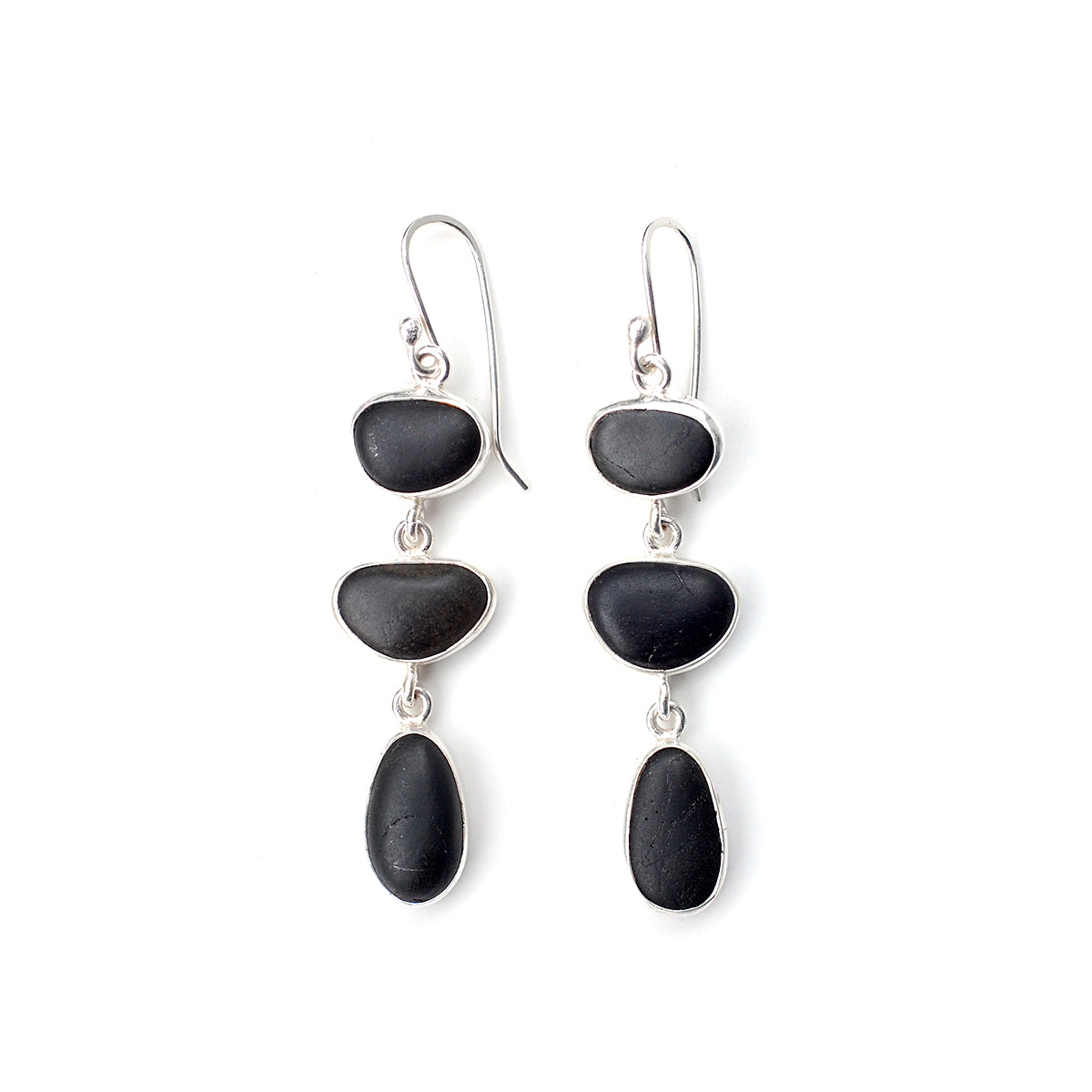 Black Pebble Three Drop Silver Earrings