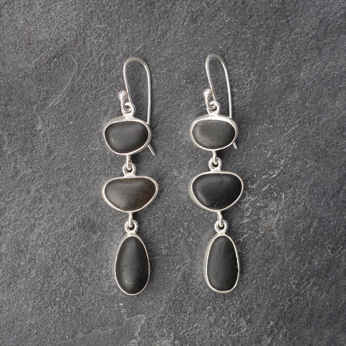Black Pebble Three Drop Silver Earrings