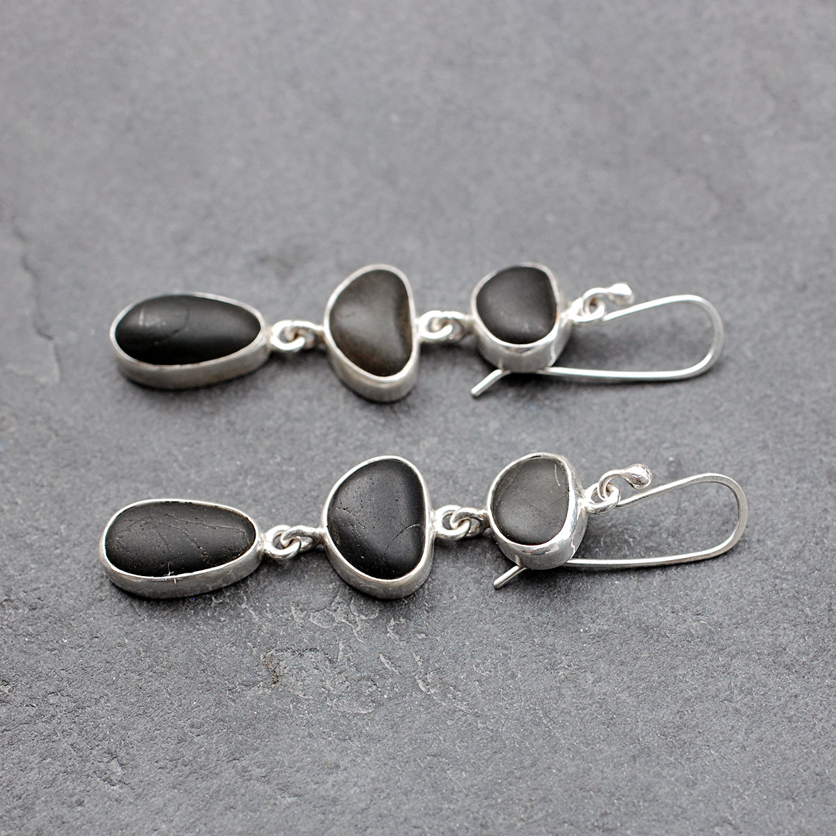 Black Pebble Three Drop Silver Earrings