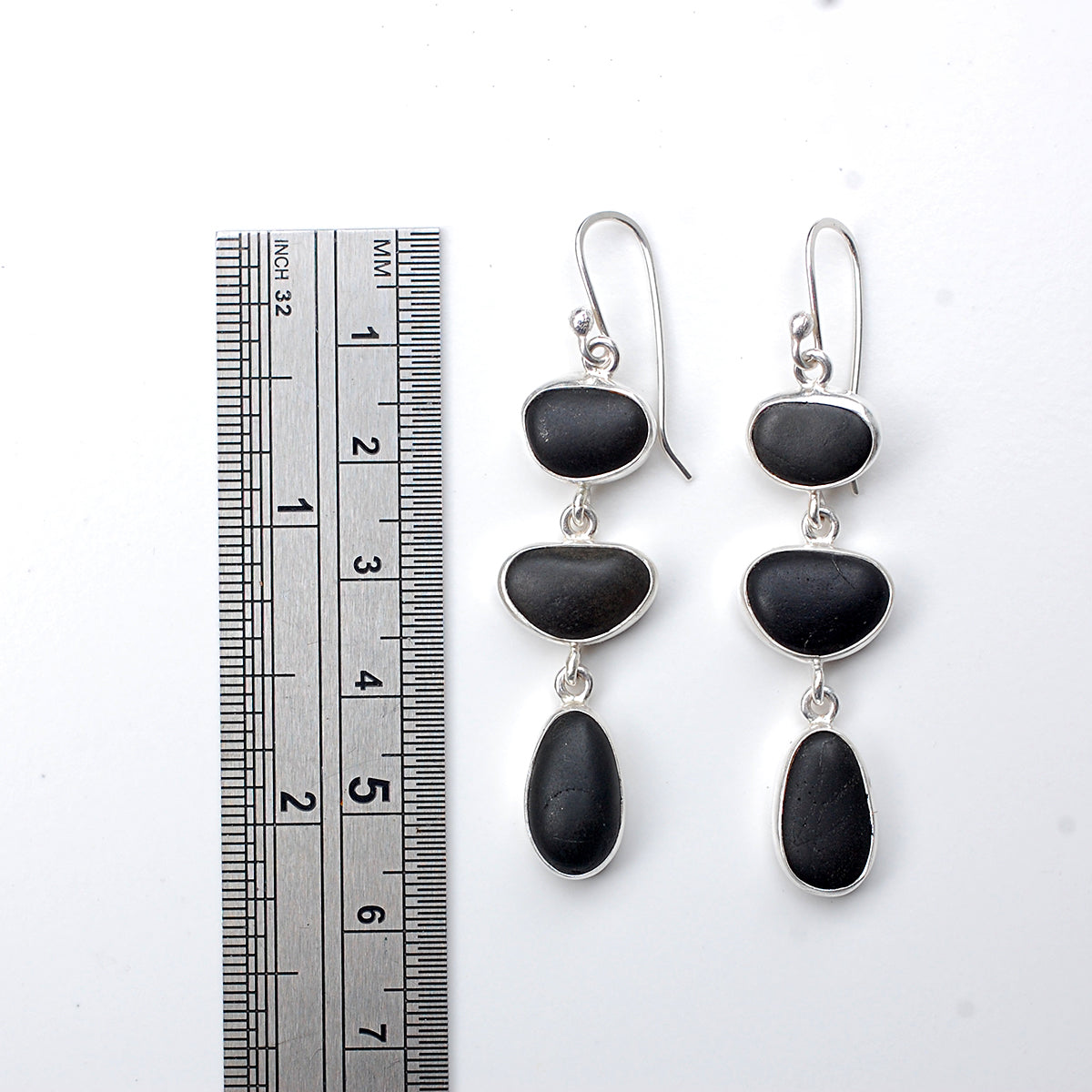Black Pebble Three Drop Silver Earrings