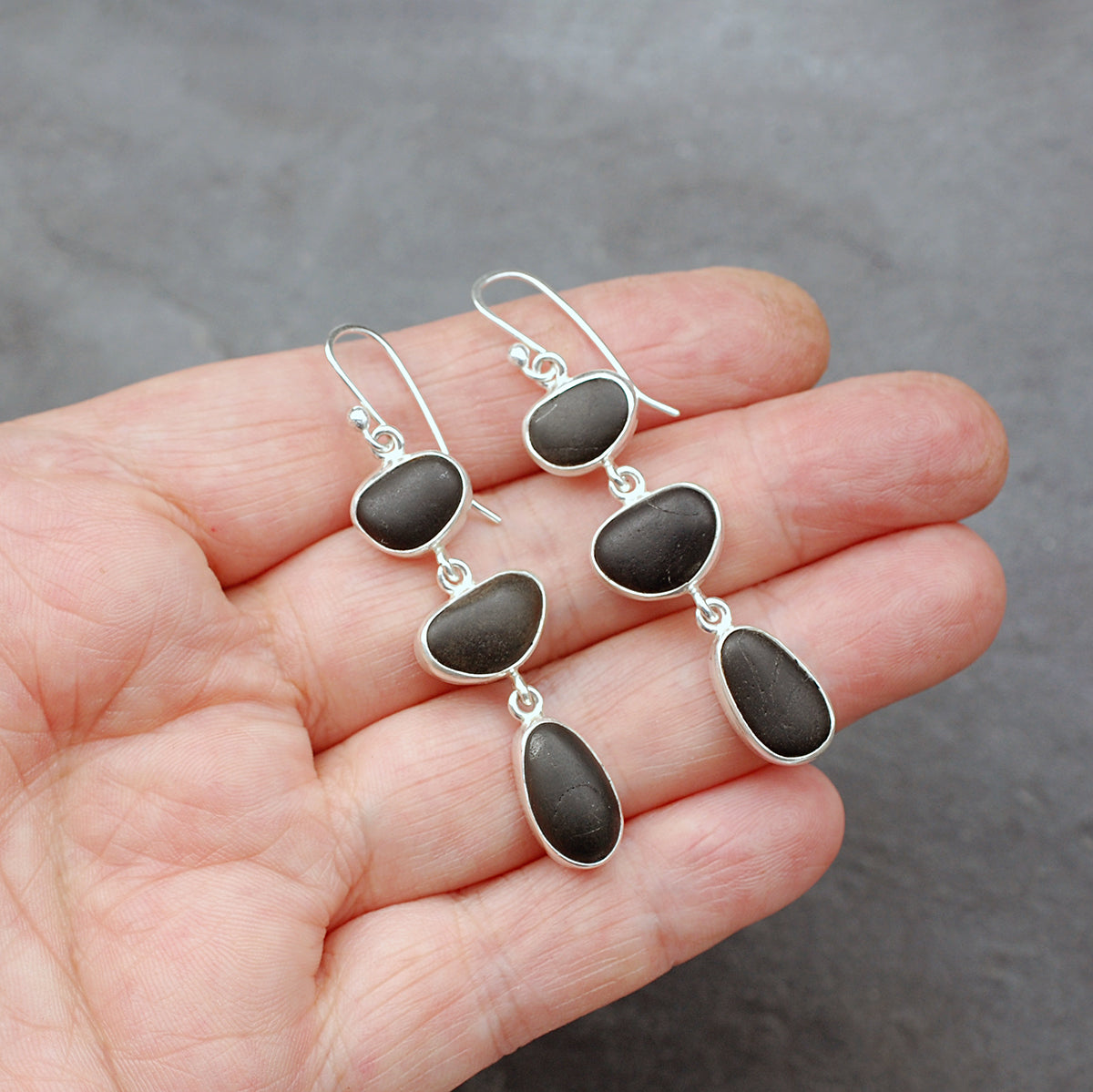 Black Pebble Three Drop Silver Earrings