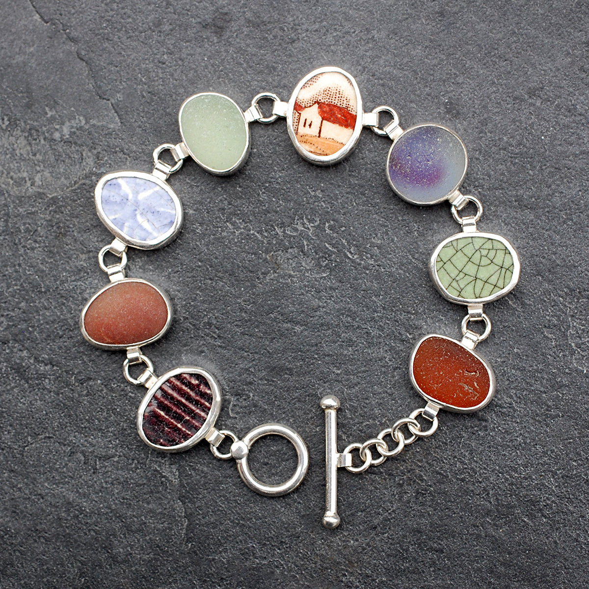 Green, Purple and Brown Sea Glass and Pottery Bracelet Sterling Silver