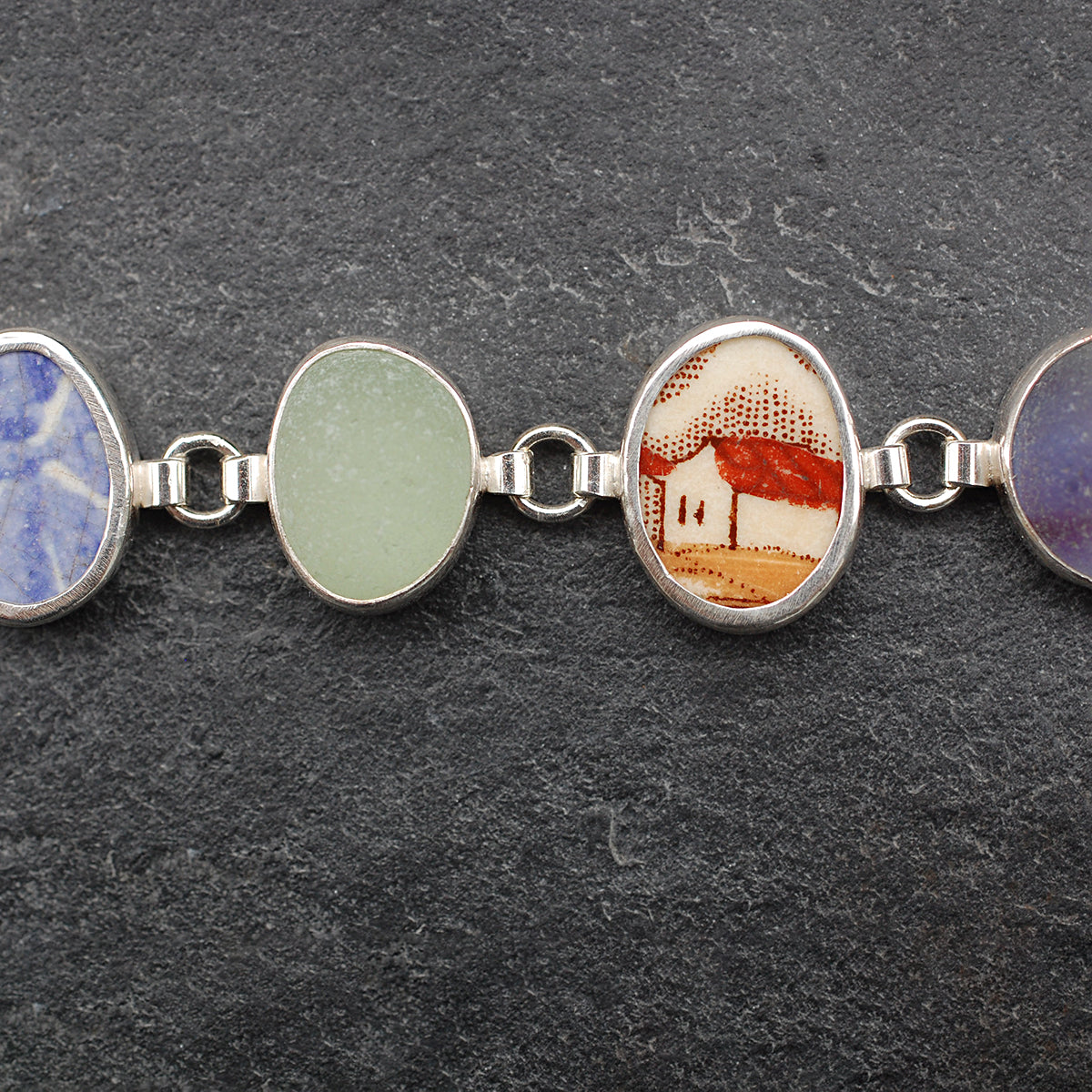 Green, Purple and Brown Sea Glass and Pottery Bracelet Sterling Silver