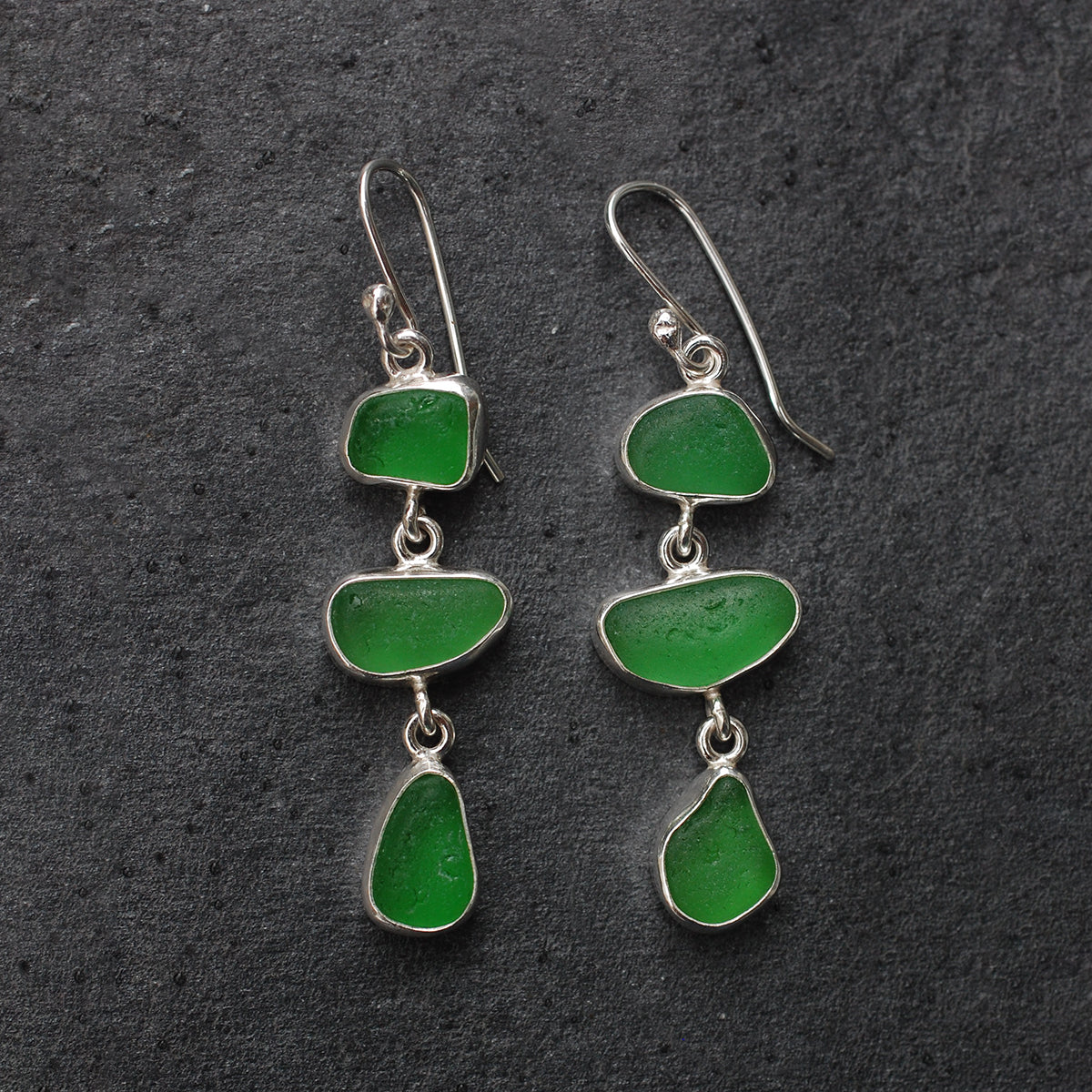 Sea Glass Three Drop Earrings in Bright Green