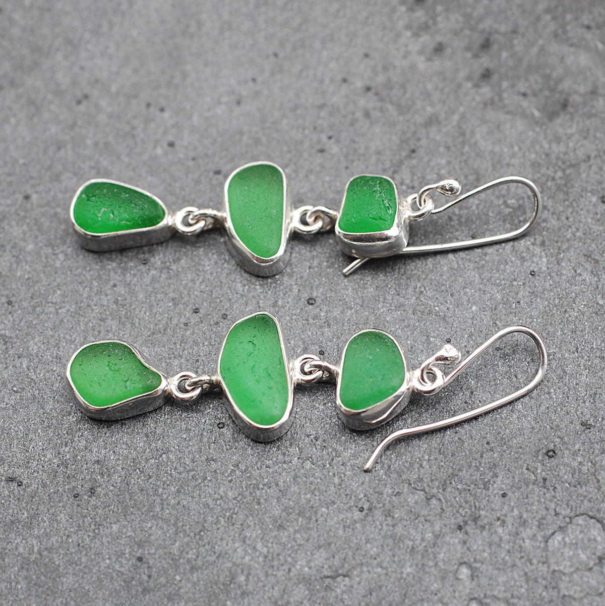 Sea Glass Three Drop Earrings in Bright Green
