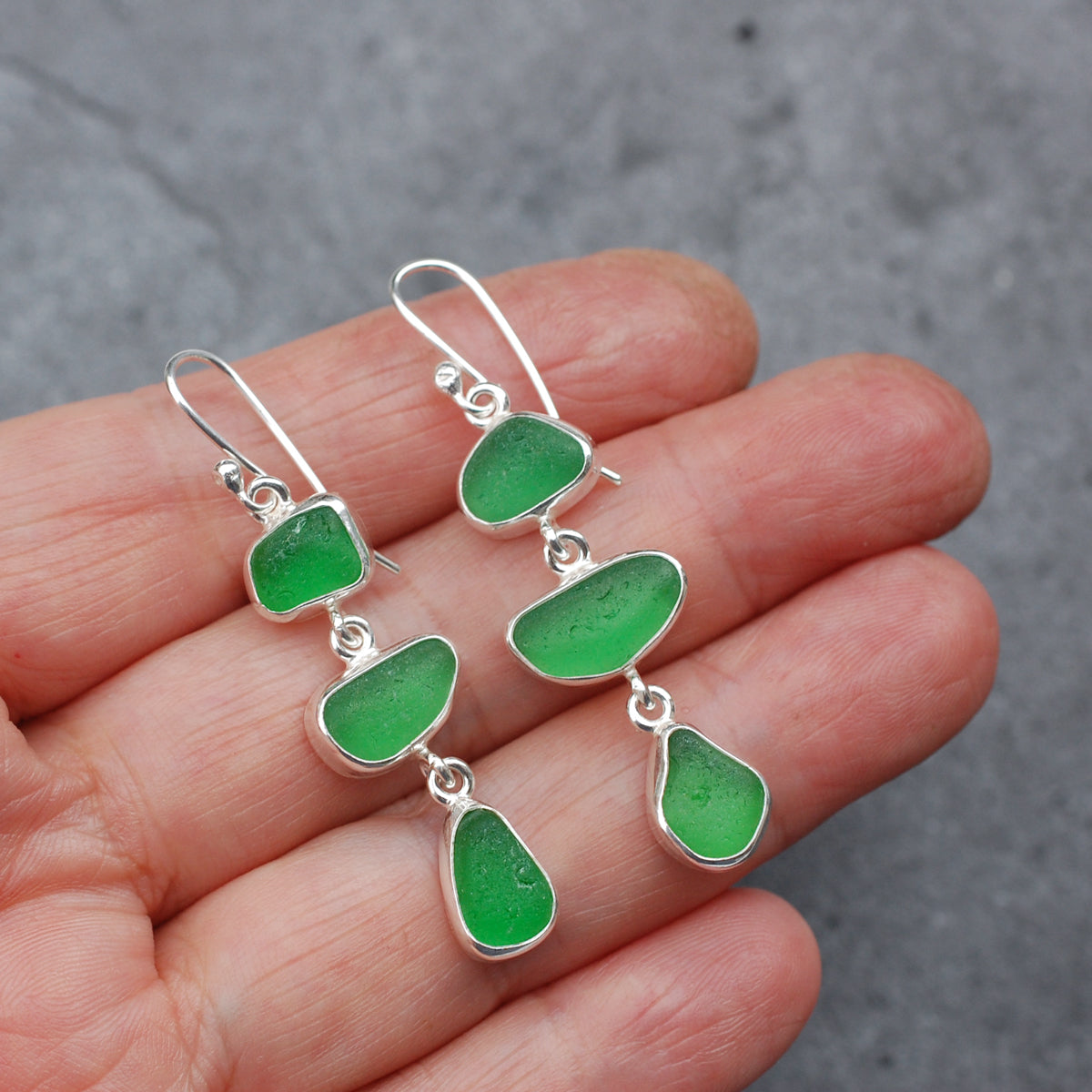 Sea Glass Three Drop Earrings in Bright Green