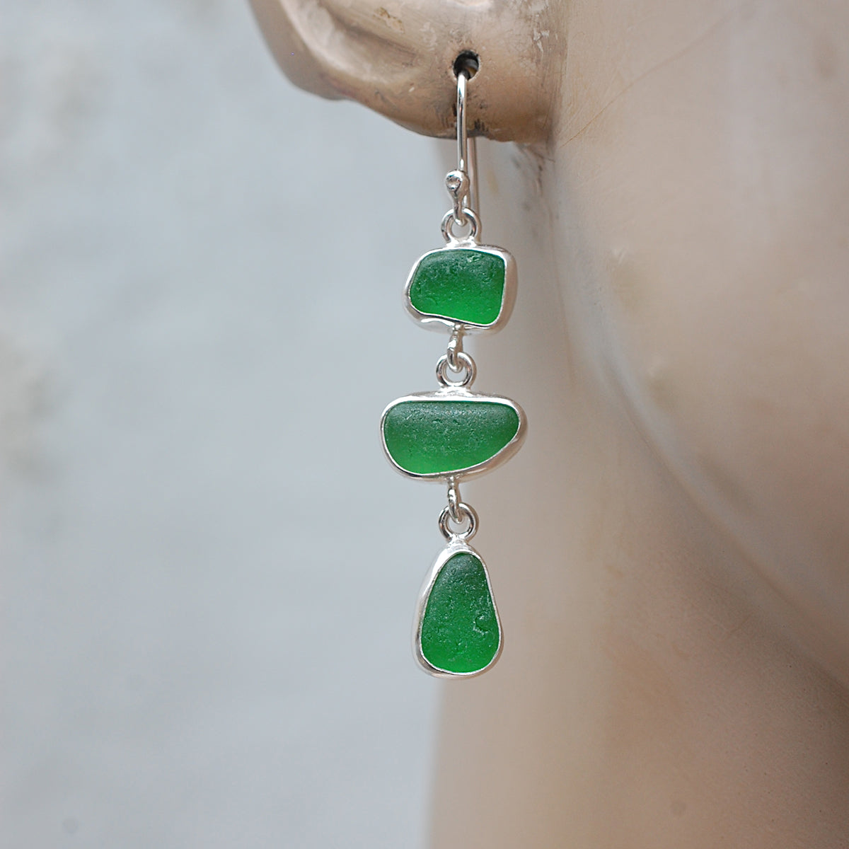 Sea Glass Three Drop Earrings in Bright Green