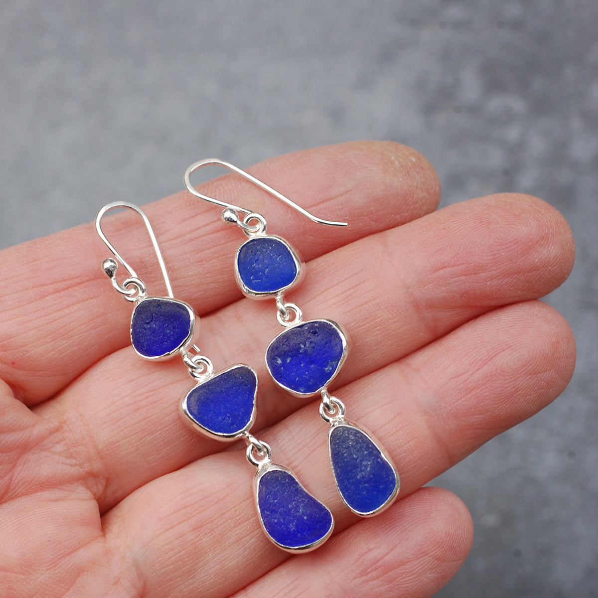 Sea Glass Three Drop Earrings in Cobalt Blue