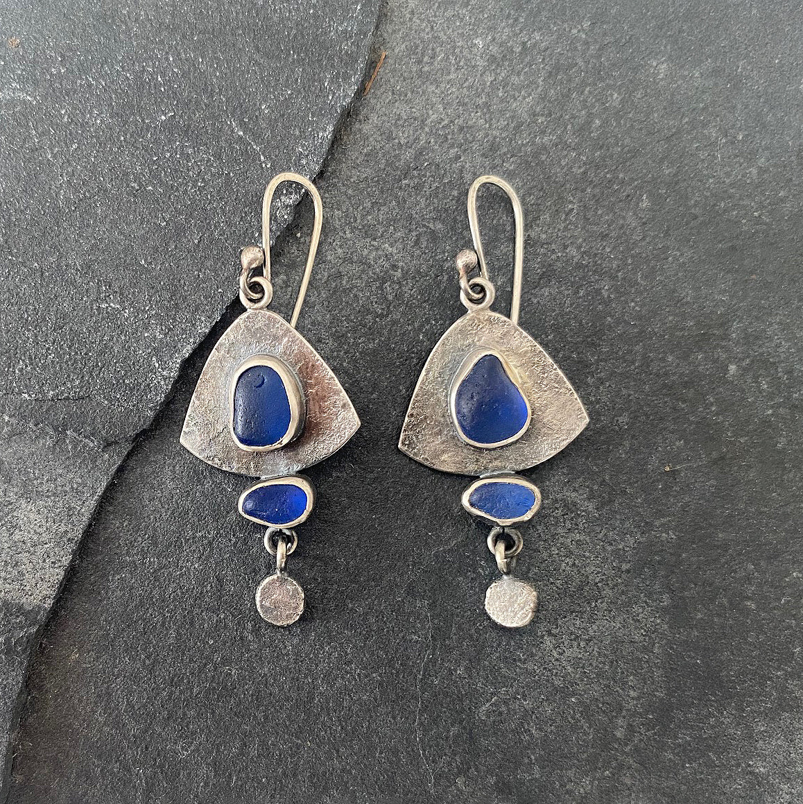 Reserved - Blue Sea Glass Sheild Earrings