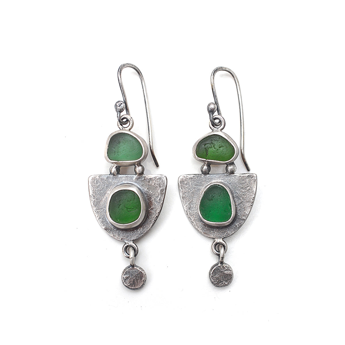 Hammered Sterling Silver Shield Earrings with Green Sea Glass