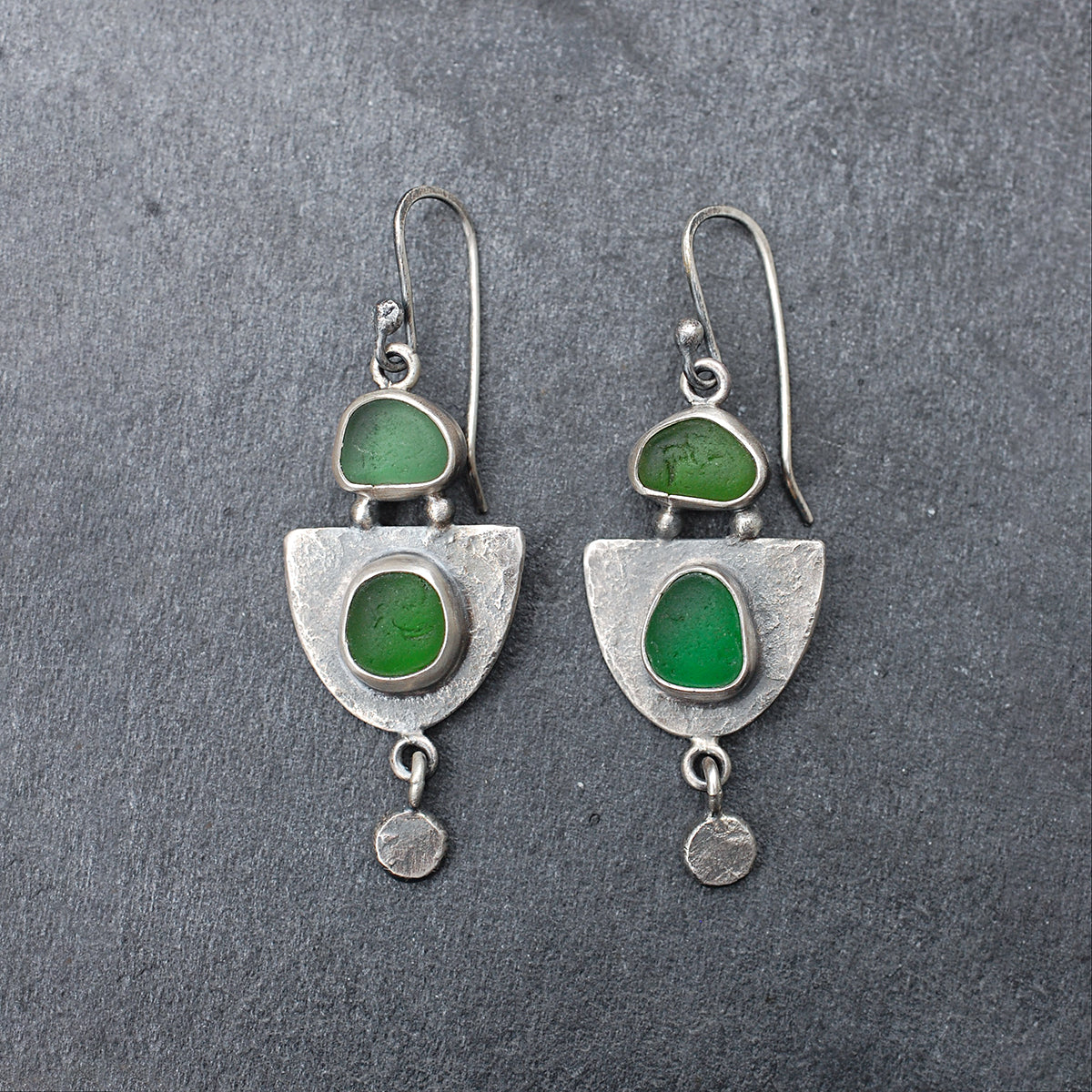 Hammered Sterling Silver Shield Earrings with Green Sea Glass