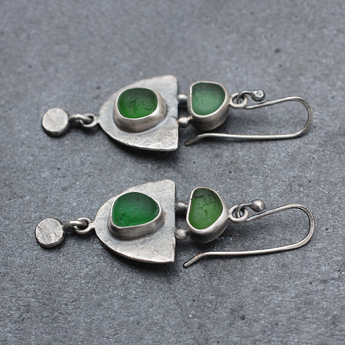 Hammered Sterling Silver Shield Earrings with Green Sea Glass