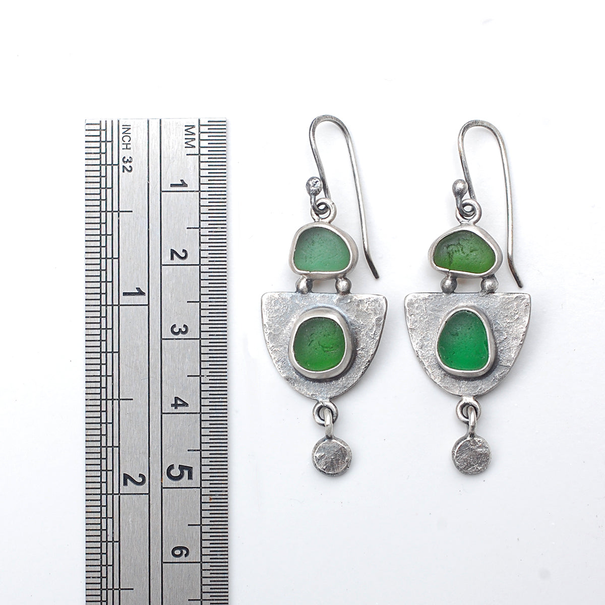 Hammered Sterling Silver Shield Earrings with Green Sea Glass