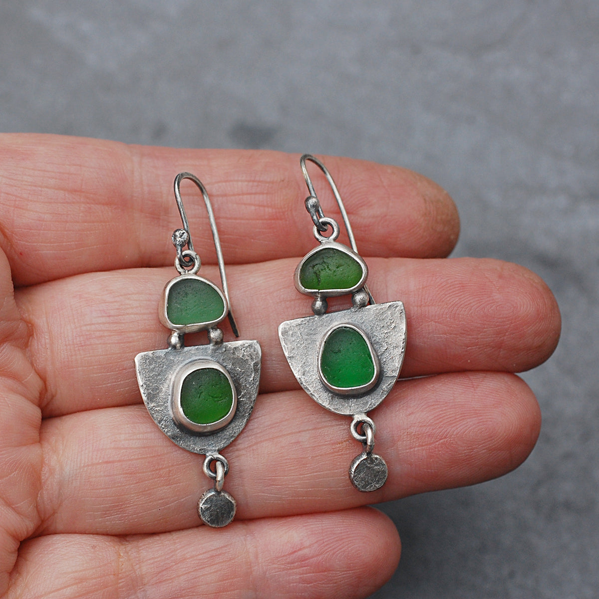 Hammered Sterling Silver Shield Earrings with Green Sea Glass