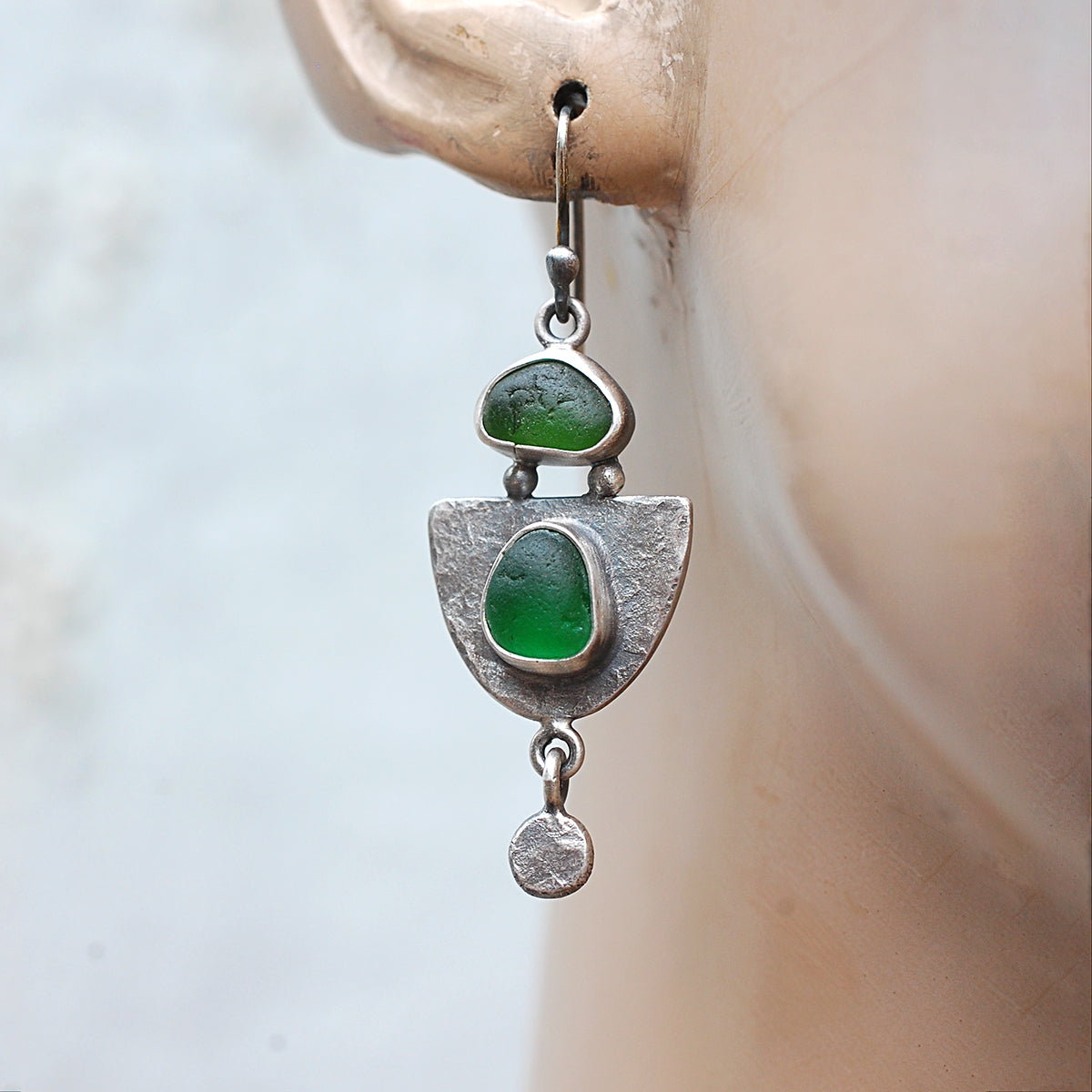 Hammered Sterling Silver Shield Earrings with Green Sea Glass