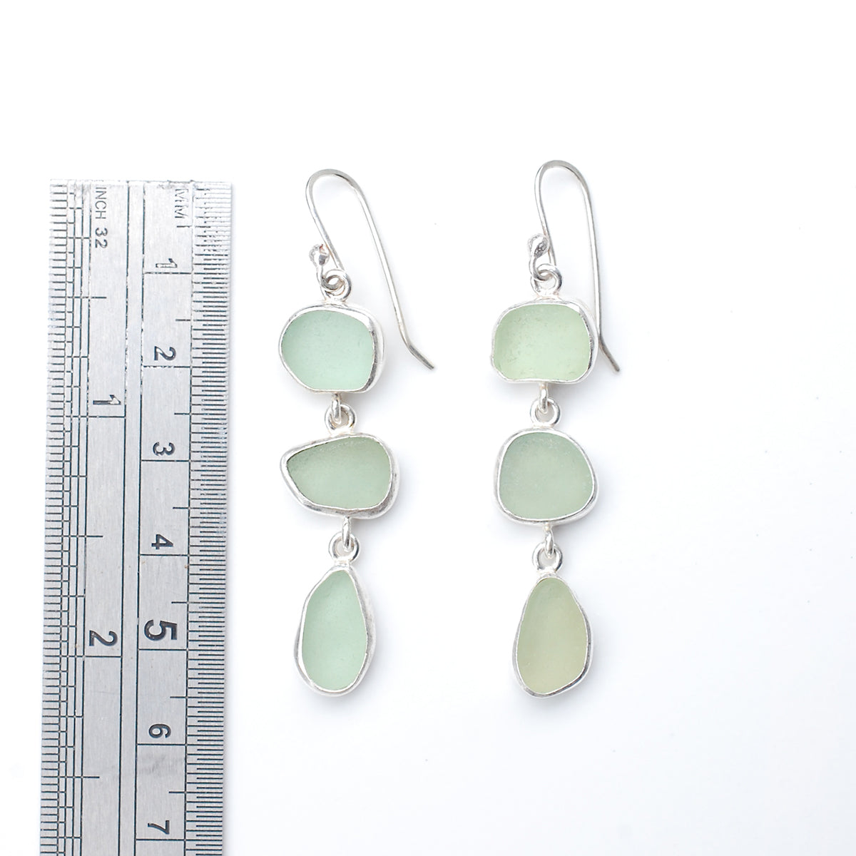 Sea Glass Three Drop Earrings in Pale Green