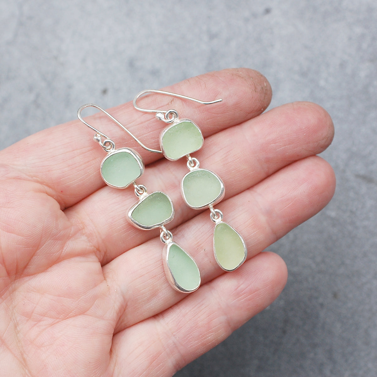 Sea Glass Three Drop Earrings in Pale Green
