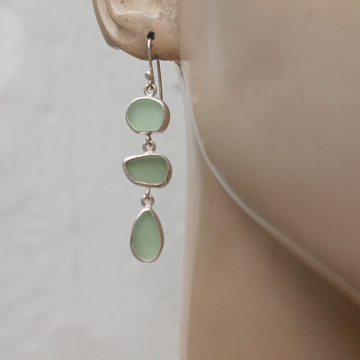 Sea Glass Three Drop Earrings in Pale Green