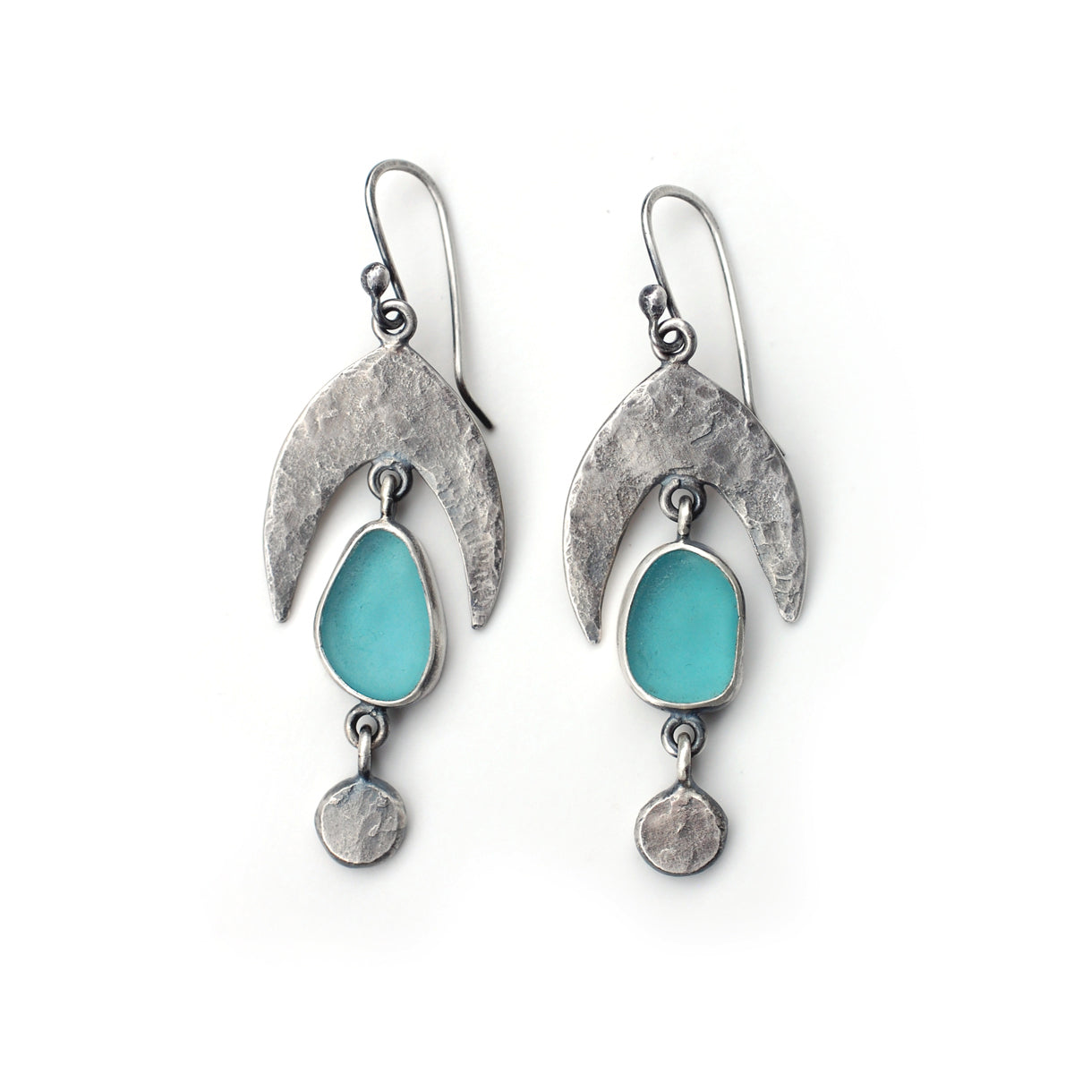Hammered Teal Sea Glass Earrings with Dangles