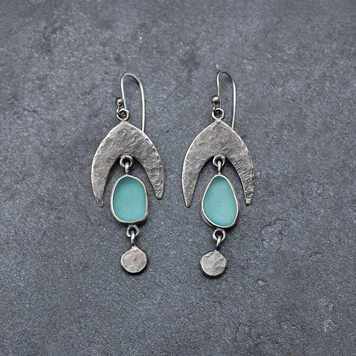 Hammered Teal Sea Glass Earrings with Dangles