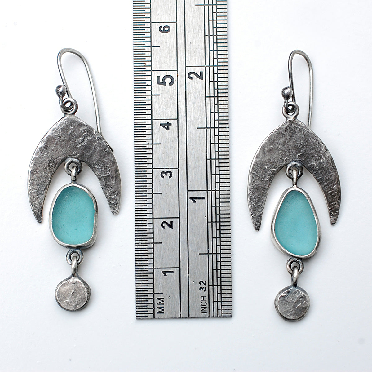 Hammered Teal Sea Glass Earrings with Dangles