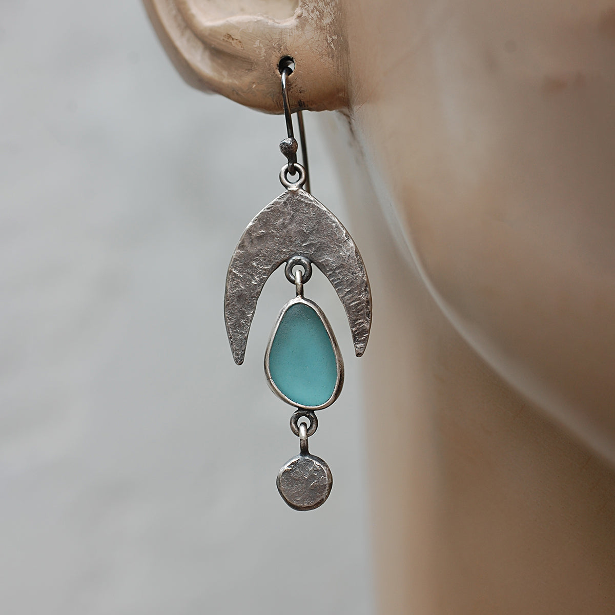 Hammered Teal Sea Glass Earrings with Dangles