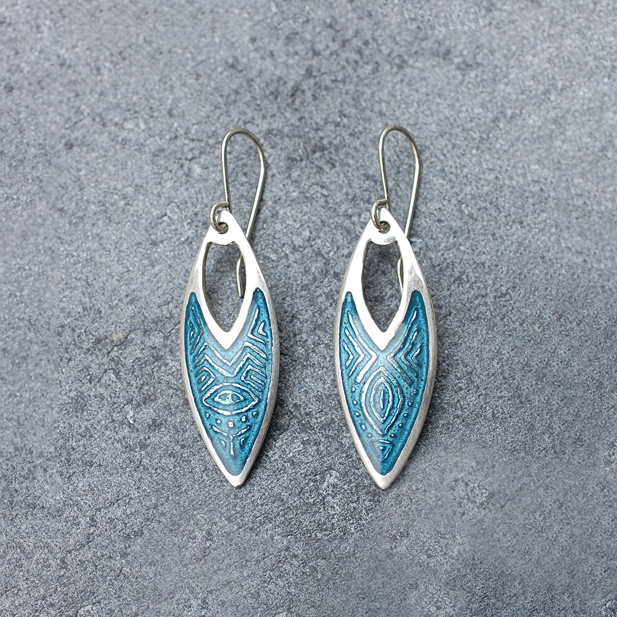Grey Blue Navette Shaped Enamel Earrings