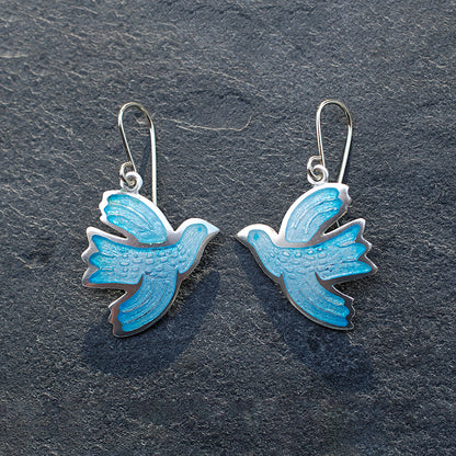 Pale Blue Enamel Bird Earrings with Etched Details