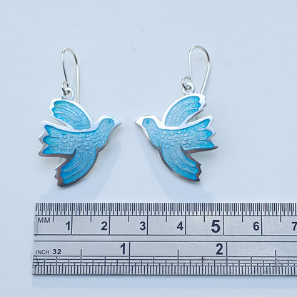 Pale Blue Enamel Bird Earrings with Etched Details