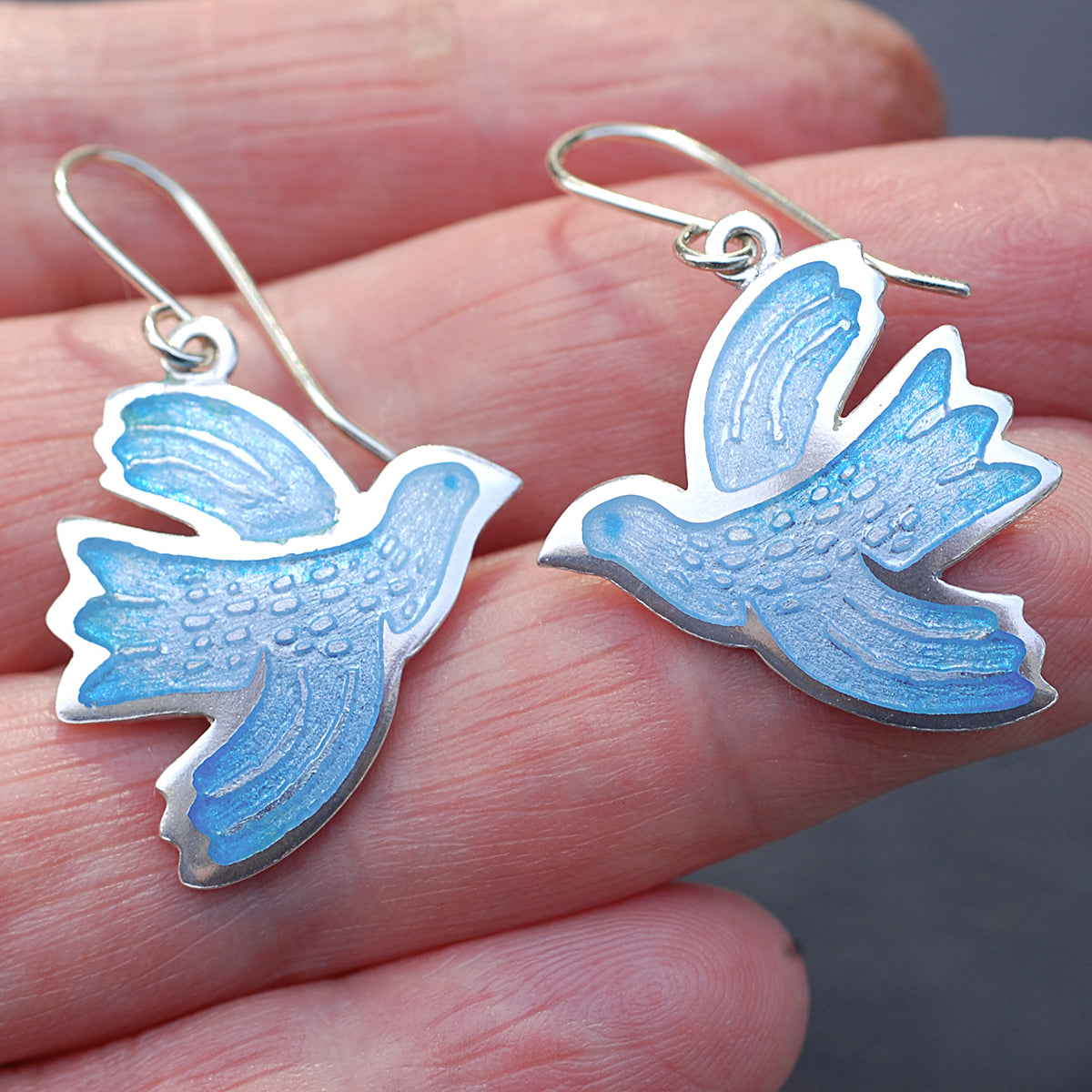 Pale Blue Enamel Bird Earrings with Etched Details