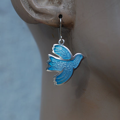 Pale Blue Enamel Bird Earrings with Etched Details