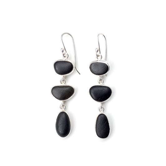 Black Pebble Three Drop Silver Earrings