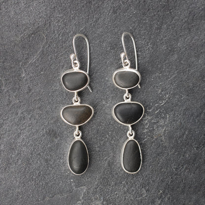 Black Pebble Three Drop Silver Earrings