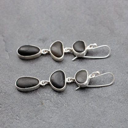 Black Pebble Three Drop Silver Earrings