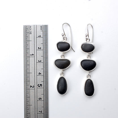 Black Pebble Three Drop Silver Earrings
