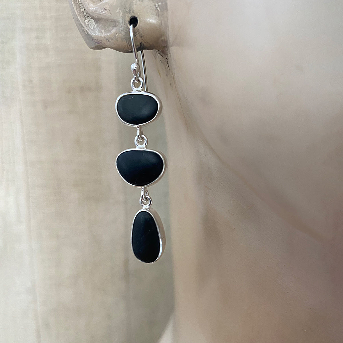 Black Pebble Three Drop Silver Earrings