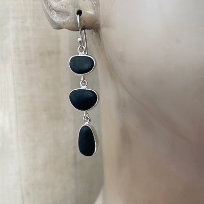 Black Pebble Three Drop Silver Earrings