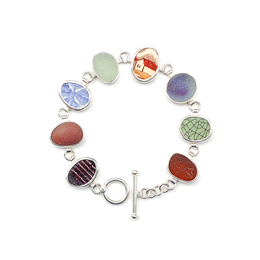 Green, Purple and Brown Sea Glass and Pottery Bracelet Sterling Silver