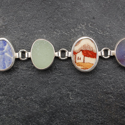 Green, Purple and Brown Sea Glass and Pottery Bracelet Sterling Silver