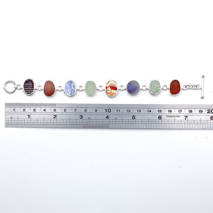 Green, Purple and Brown Sea Glass and Pottery Bracelet Sterling Silver