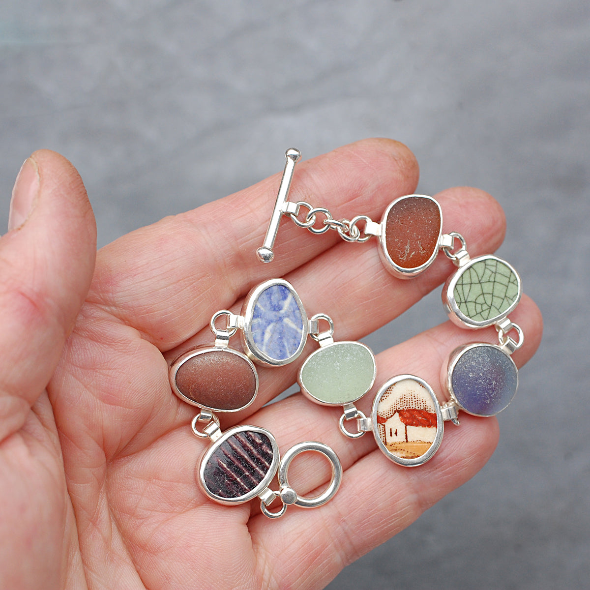 Green, Purple and Brown Sea Glass and Pottery Bracelet Sterling Silver