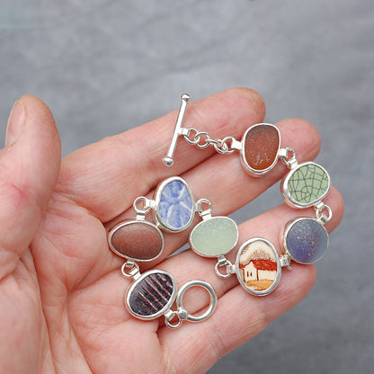 Green, Purple and Brown Sea Glass and Pottery Bracelet Sterling Silver