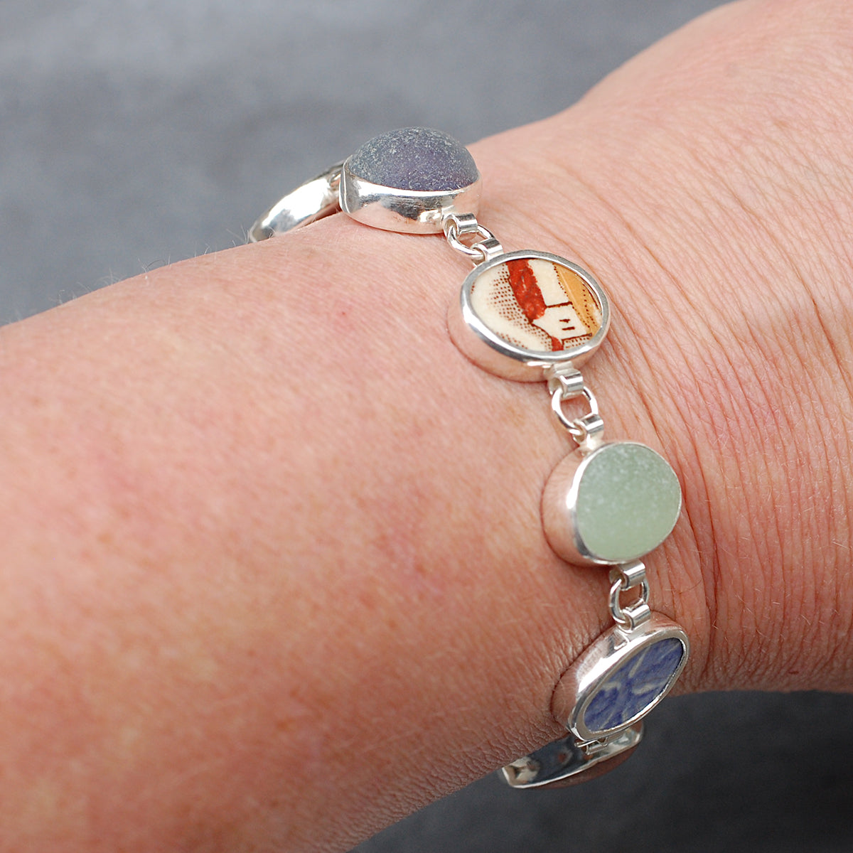 Green, Purple and Brown Sea Glass and Pottery Bracelet Sterling Silver