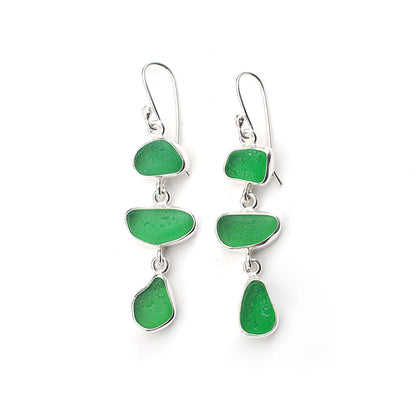 Sea Glass Three Drop Earrings in Bright Green