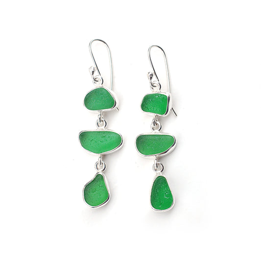 Sea Glass Three Drop Earrings in Bright Green