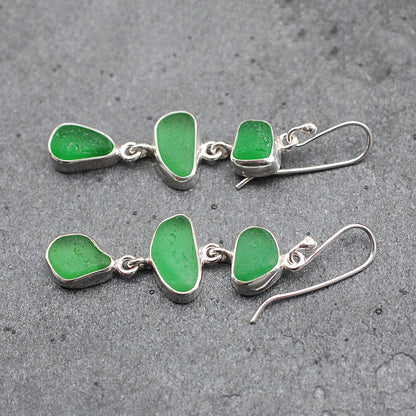 Sea Glass Three Drop Earrings in Bright Green