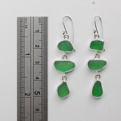 Sea Glass Three Drop Earrings in Bright Green