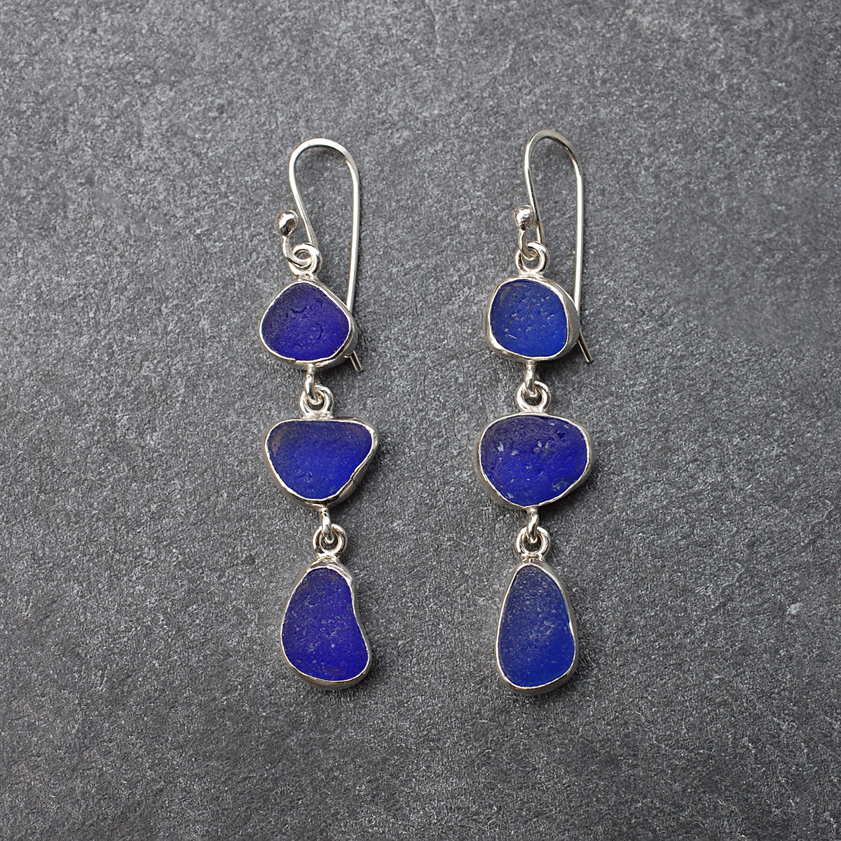 Sea Glass Three Drop Earrings in Cobalt Blue